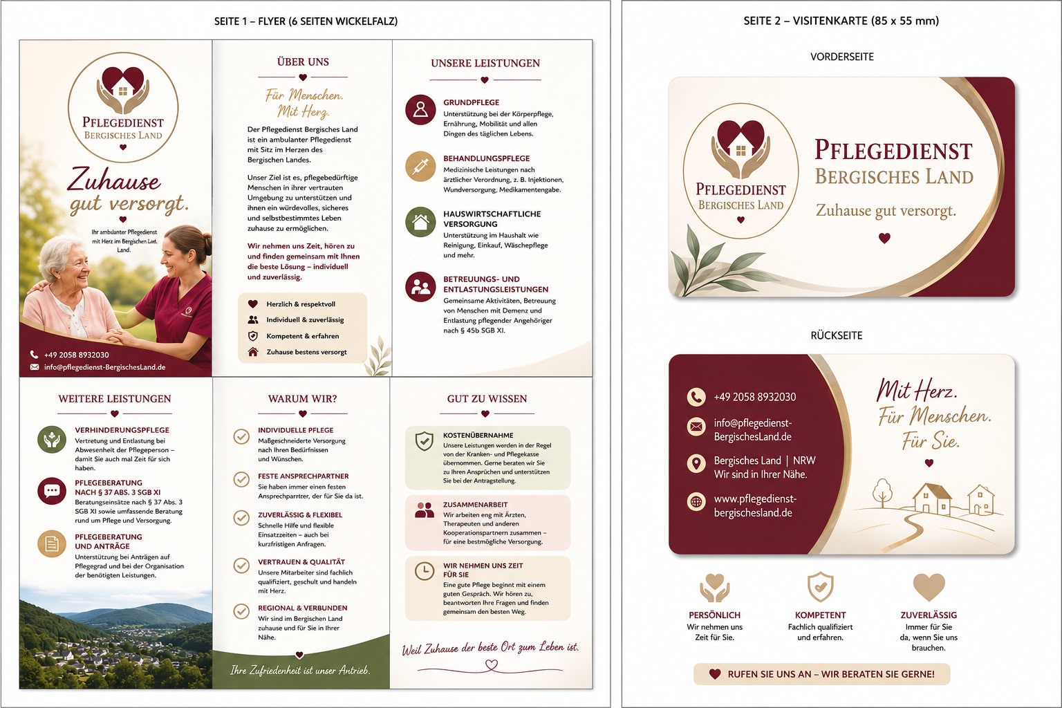 Flyer mit Tätigkeitsbereichen und Visitenkarte des Pflegedienstes Bergisches Land
