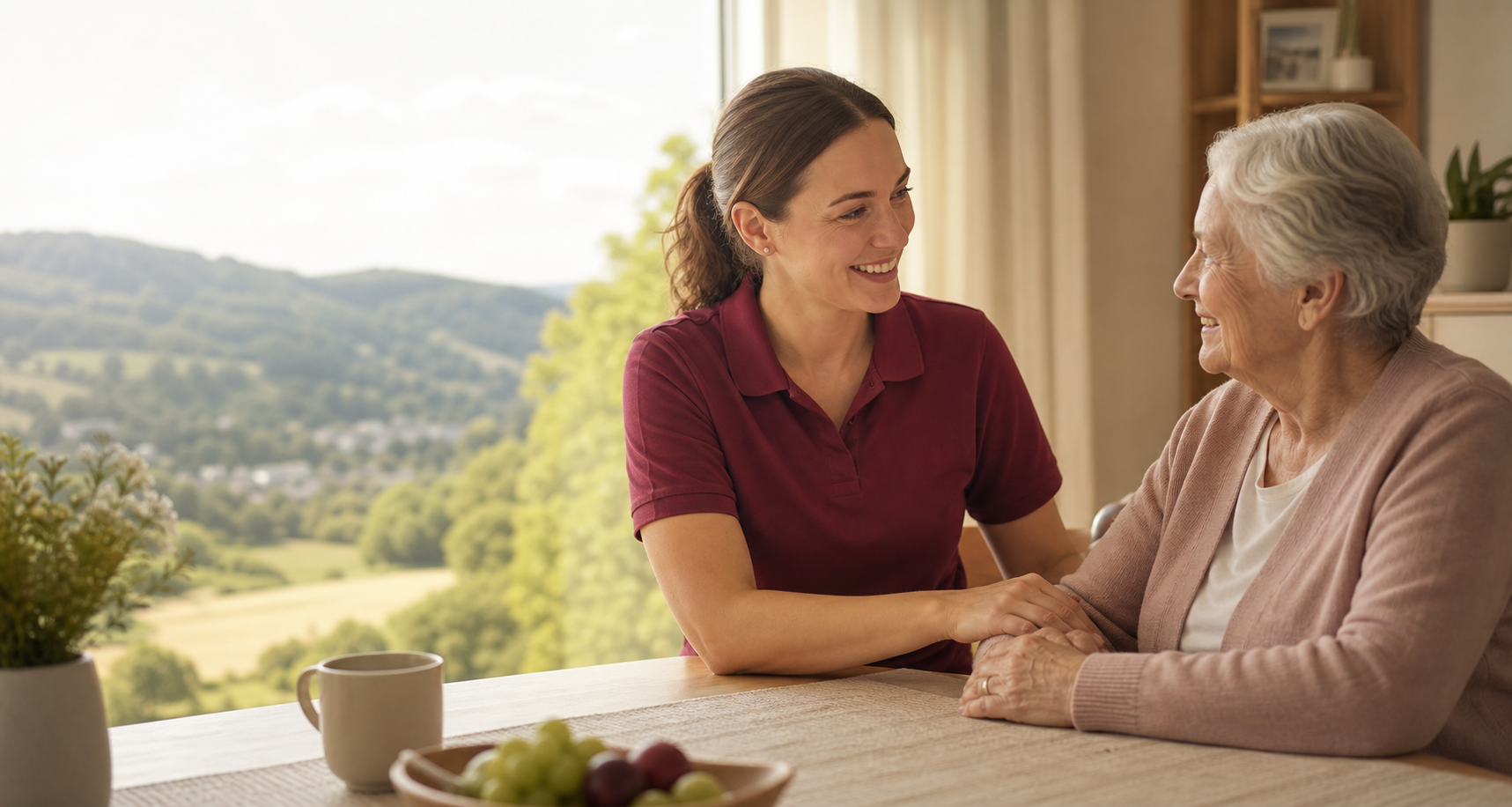 Pflegekraft begleitet Seniorin zuhause